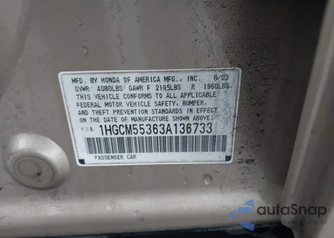 2003 Honda Accord 2.4 Lx из США, поврежденный, VIN 1HGCM55363A136733